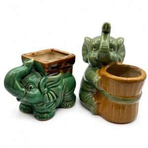 VTG Lucky Trunk Up Elephant Planter Cachepot Pair  Ceramic Green Brown MCM Decor